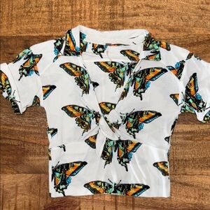 Free People Ready Set Sail butterfly all over tie front collared white top